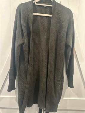 Open-Front Olive Knit Cardigan with Elbow Patches